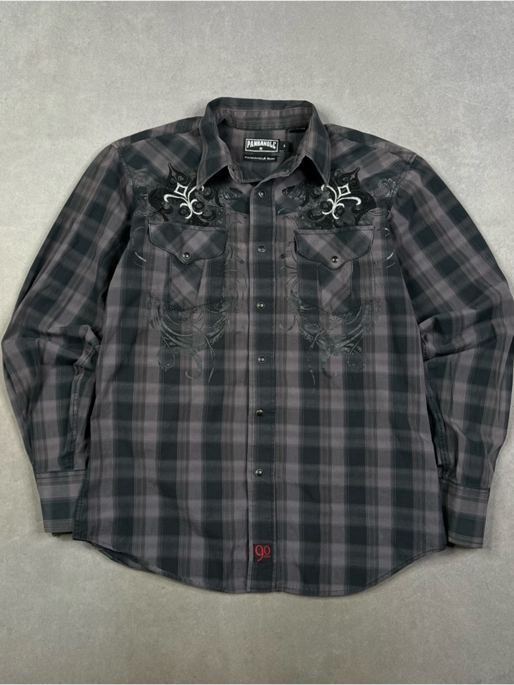 Panhandle Slim Black and Gray Plaid Embroidered Western Shirt Y2K